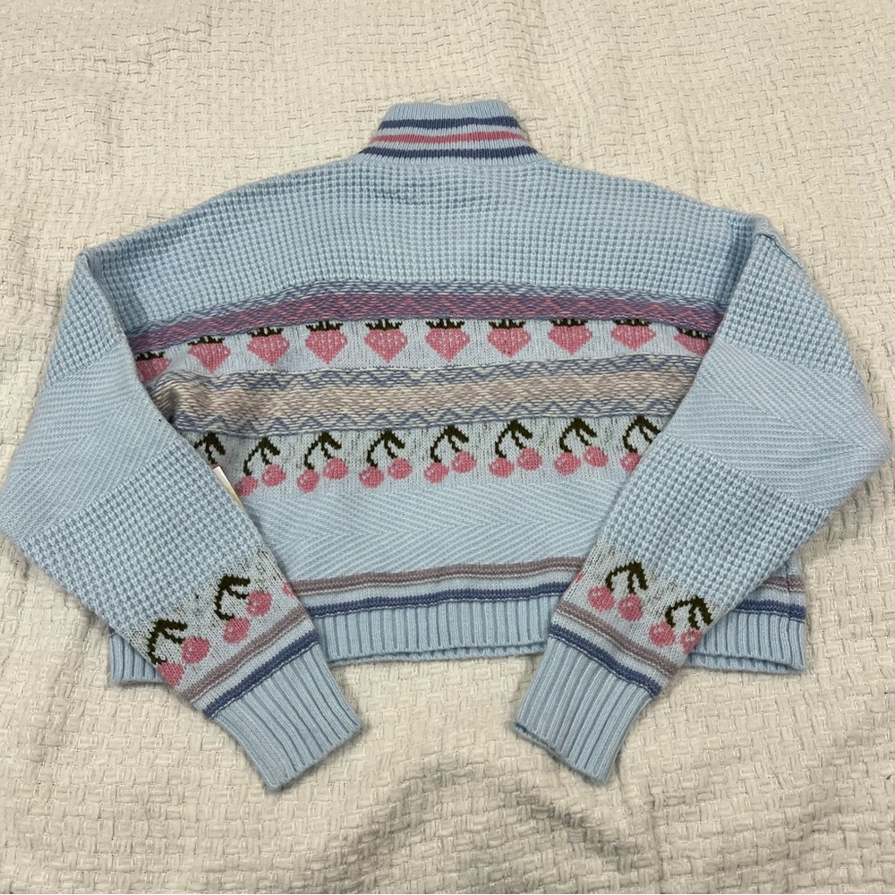 Sugar Moon Quarter Zip Jacquard Sweater Blue Freeze L NWT - Picture 2 of 4
